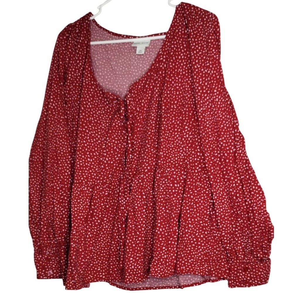 Ava & Viv Womens 2X Red White Dotted Long Sleeve Button Up Blouse Top‎ Versatile